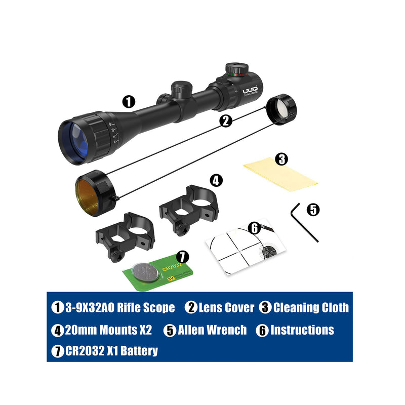 Load image into Gallery viewer, UUQ 3-9X32AO Rifle Scope,Red/Green Illumination,Front Parallax Adjustment, Rangefinder Reticle,Fits 20mm Free Mounts