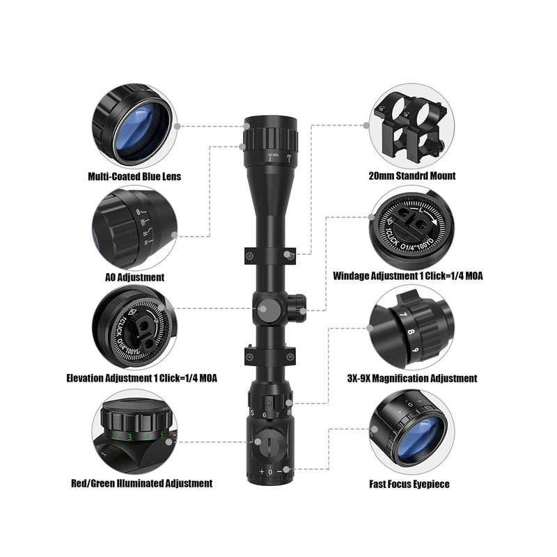 Load image into Gallery viewer, UUQ 3-9X32AO Rifle Scope,Red/Green Illumination,Front Parallax Adjustment, Rangefinder Reticle,Fits 20mm Free Mounts