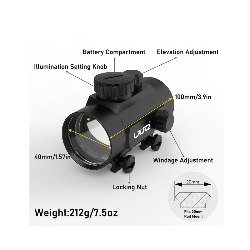 Load image into Gallery viewer, UUQ 1x40mm Reflex Sight-4MOA Red&Green Dot Sight-5-Level Brightness-Fits 20mm Rails