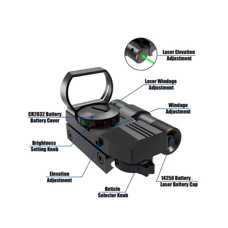 Load image into Gallery viewer, UUQ 1X22X33 Reflex Red Dot Sight - 4 Reticle Red & Green Dot Optics with Integrated Green Laser for 20mm Rail - UUQ Optics