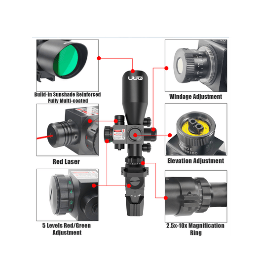 UUQ 2.5-10x40 Combo Rifle Scope, Dual Illuminated Mil-dot Reticle, W/Mini Reflex 3 MOA Red Dot Sight and Laser Sight - UUQ Optics