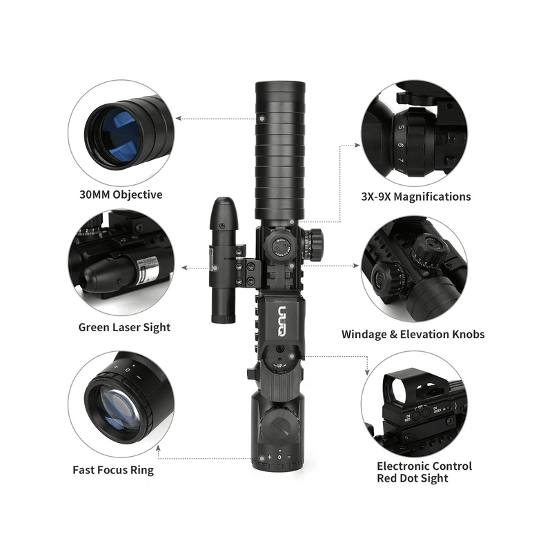 Load image into Gallery viewer, UUQ 3-9X32EG Tactical Rifle Scope Illuminated Red & Green Range Finder Reticle W/Reflex Sight & Green Laser Sight - UUQ Optics