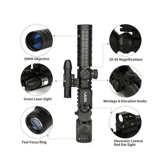 UUQ 3-9X32EG Tactical Rifle Scope Illuminated Red & Green Range Finder Reticle W/Reflex Sight & Green Laser Sight - UUQ Optics