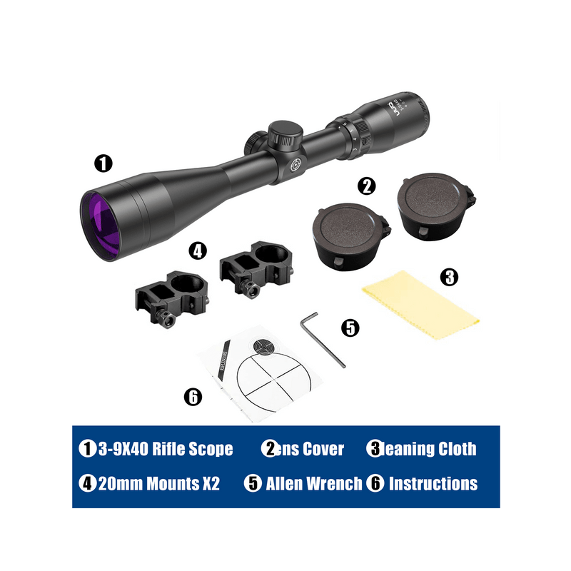 Load image into Gallery viewer, The UUQ 3-9×40 rifle scope with purple coating includes all the necessary accessories in the packaging.