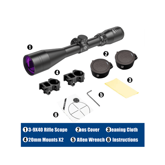 The UUQ 3-9×40 rifle scope with purple coating includes all the necessary accessories in the packaging.