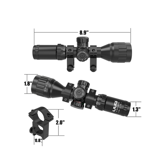 Size display of the UUQ 3-9x32AO compact tactical rifle scope.