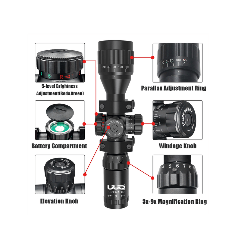 Load image into Gallery viewer, The magnification and parallax adjustment description of the UUQ 3-9x32AO compact tactical rifle scope.