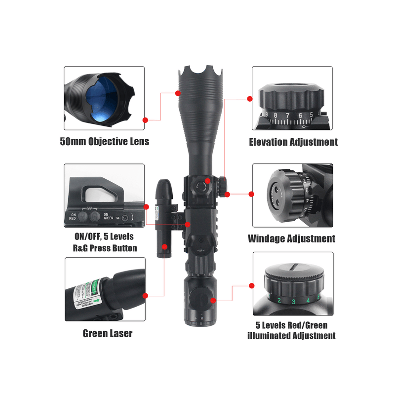 Load image into Gallery viewer, UUQ 4-16x50 Tactical Rifle Scope Red/Green Illuminated Range Finder Reticle W/Green Laser Sight and Holographic Reflex Dot Sight - UUQ Optics