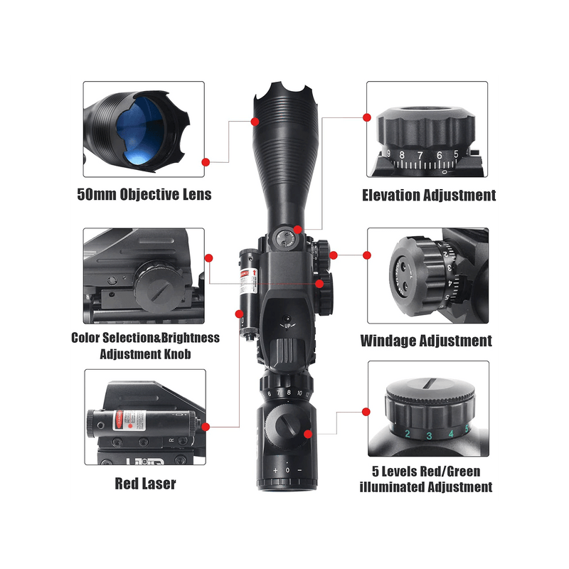 Load image into Gallery viewer, UUQ 4-16x50 Tactical Rifle Scope Red/Green Illuminated Range Finder Reticle W/Laser Sight and Holographic Reflex Dot Sight - UUQ Optics