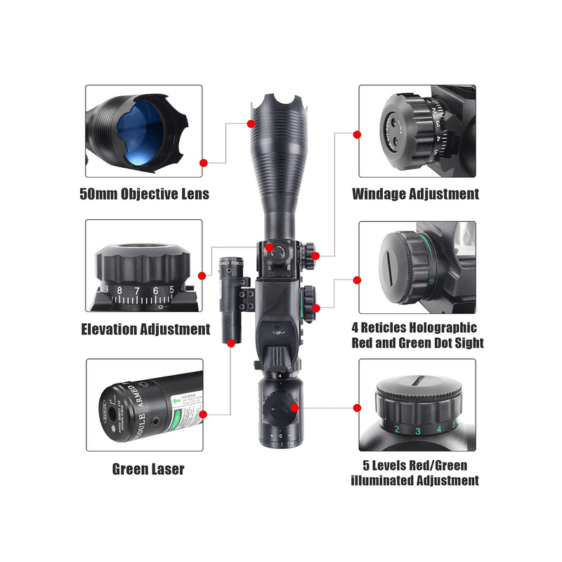 Load image into Gallery viewer, UUQ 4-16x50 Tactical Rifle Scope Red/Green Illuminated Range Finder Reticle W/Laser Sight and Holographic Reflex Dot Sight - UUQ Optics