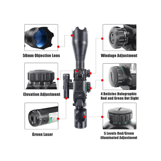UUQ 4-16x50 Tactical Rifle Scope Red/Green Illuminated Range Finder Reticle W/Laser Sight and Holographic Reflex Dot Sight - UUQ Optics