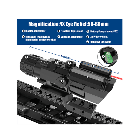 UUQ 4X32 Prism Rifle Scope with Red Laser and Illuminated Reticle - UUQ Optics