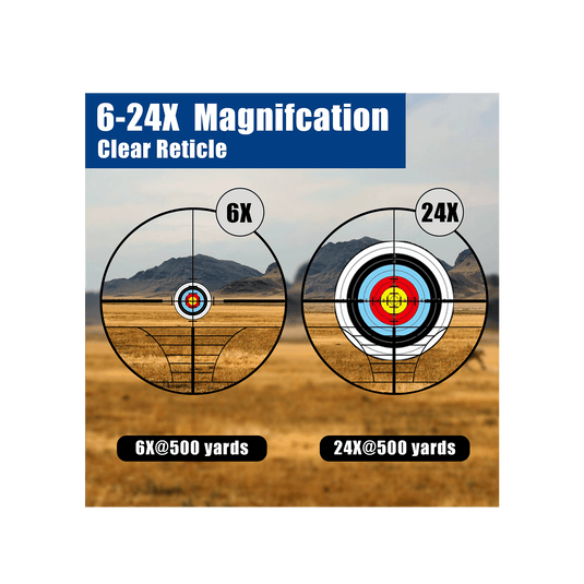 6-24x magnification, equipped with a clear reticle.