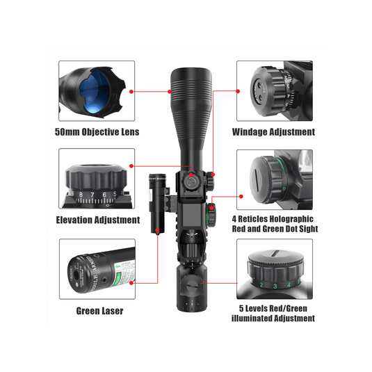 UUQ C4-12X50 Rifle Scope Dual Illuminated Reticle W/Laser Sight and Holographic Red Dot Reflex Sight - UUQ Optics