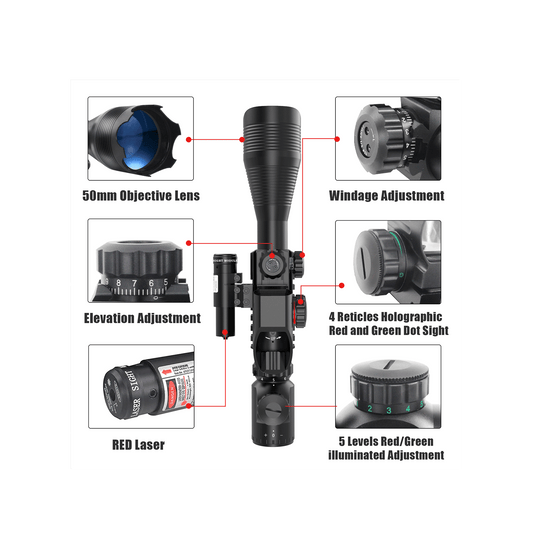 UUQ C4-12X50 Rifle Scope Dual Illuminated Reticle W/Laser Sight and Holographic Red Dot Reflex Sight - UUQ Optics