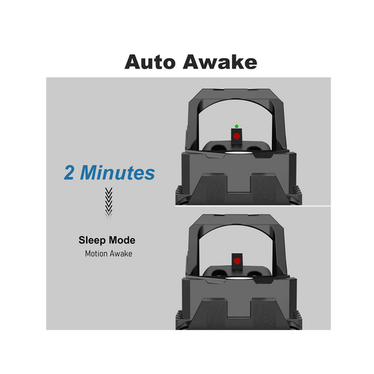 UUQ HD1080G Green Dot Sight showcasing auto awake feature, enters sleep mode after 2 minutes of inactivity, motion awake