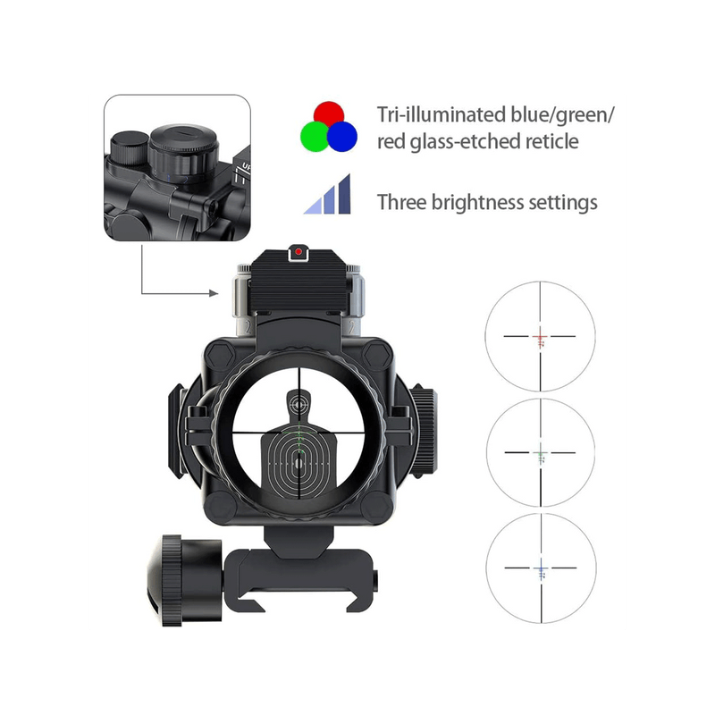 Load image into Gallery viewer, Tri-illuminated blue/green/red glass-etched reticle.