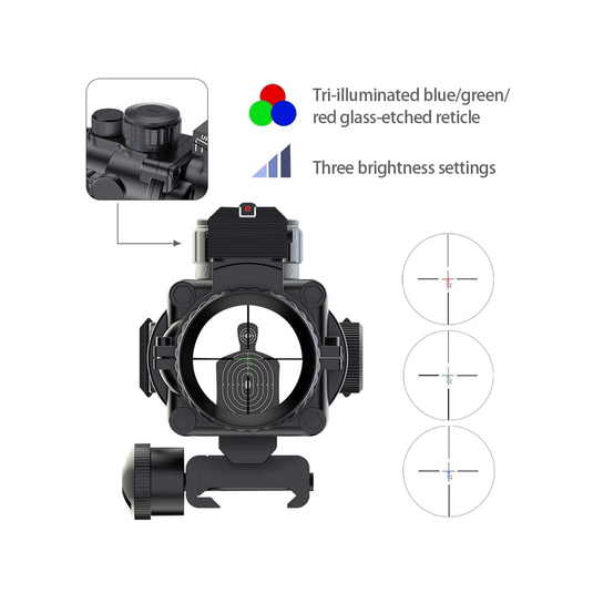 Tri-illuminated blue/green/red glass-etched reticle.