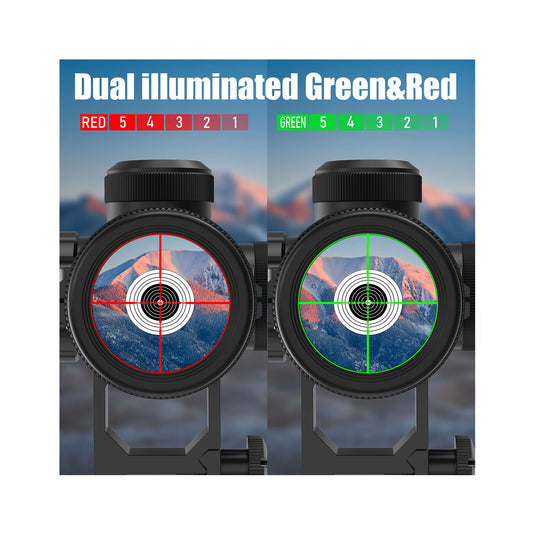 UUQ rifle scope showcasing dual illuminated red and green crosshairs, each with 5 brightness levels, suitable for precise aiming under various lighting conditions.