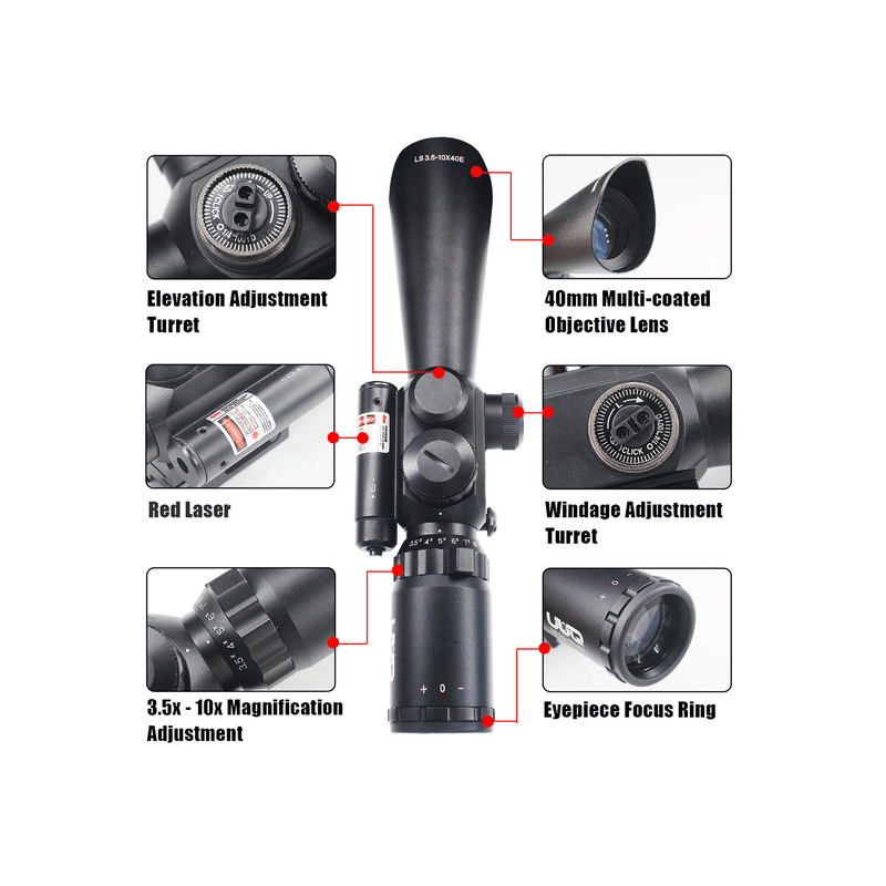 Load image into Gallery viewer, UUQ Tactical 3.5-10X40 Illuminated Red/Green Mil Dot Rifle Scope W/Red Laser Sight Fit 20mm Picatinny Rail - UUQ Optics