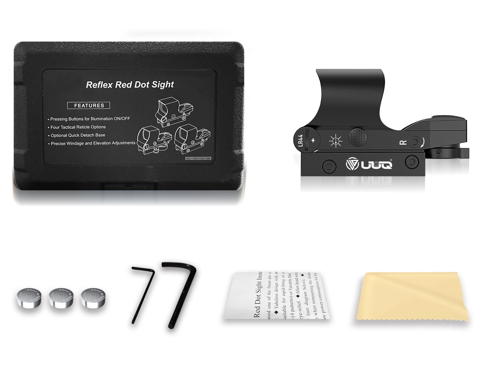 UUQ Green Dot Sight package contents, including the sight itself, protective cover, Picatinny base, dovetail adapter, various screws, Torx key, CR2032 battery, packing box, cleaning cloth, and three sizes of Allen wrenches