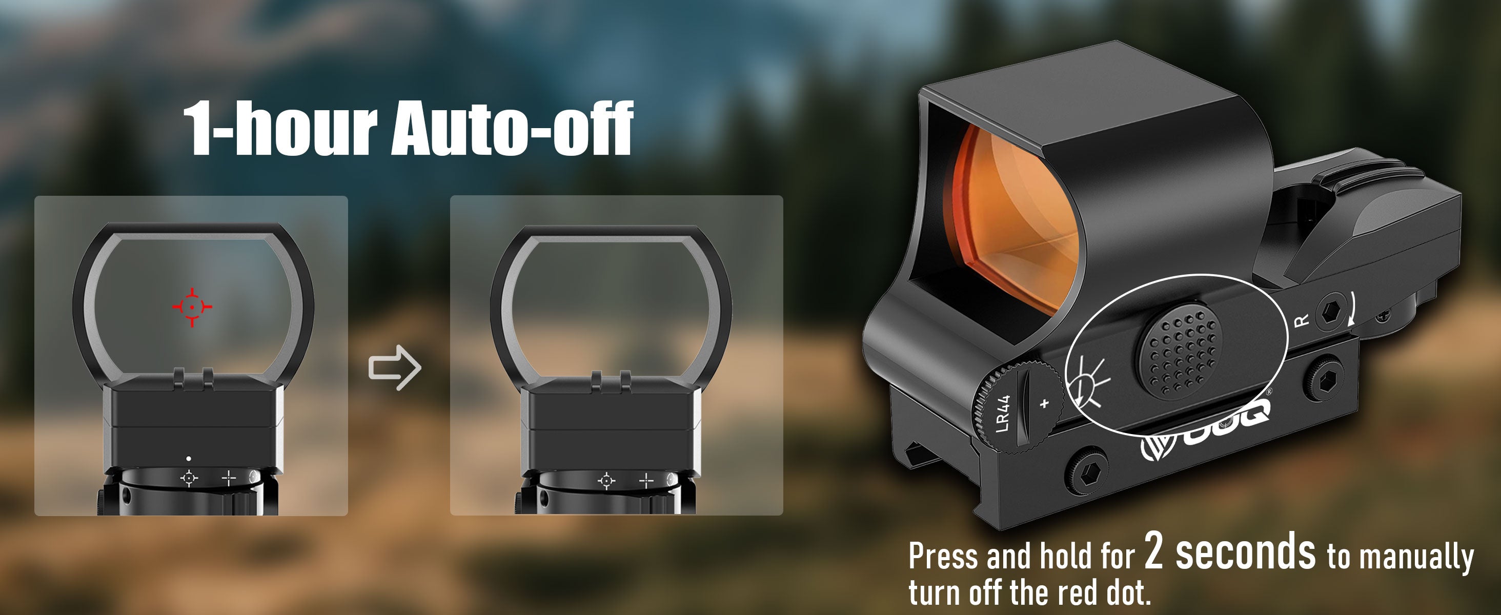 UUQ HD119A 1x28x40mm red dot sight demonstrating the 1-hour auto-off feature and manual turn-off by pressing and holding for 2 seconds.