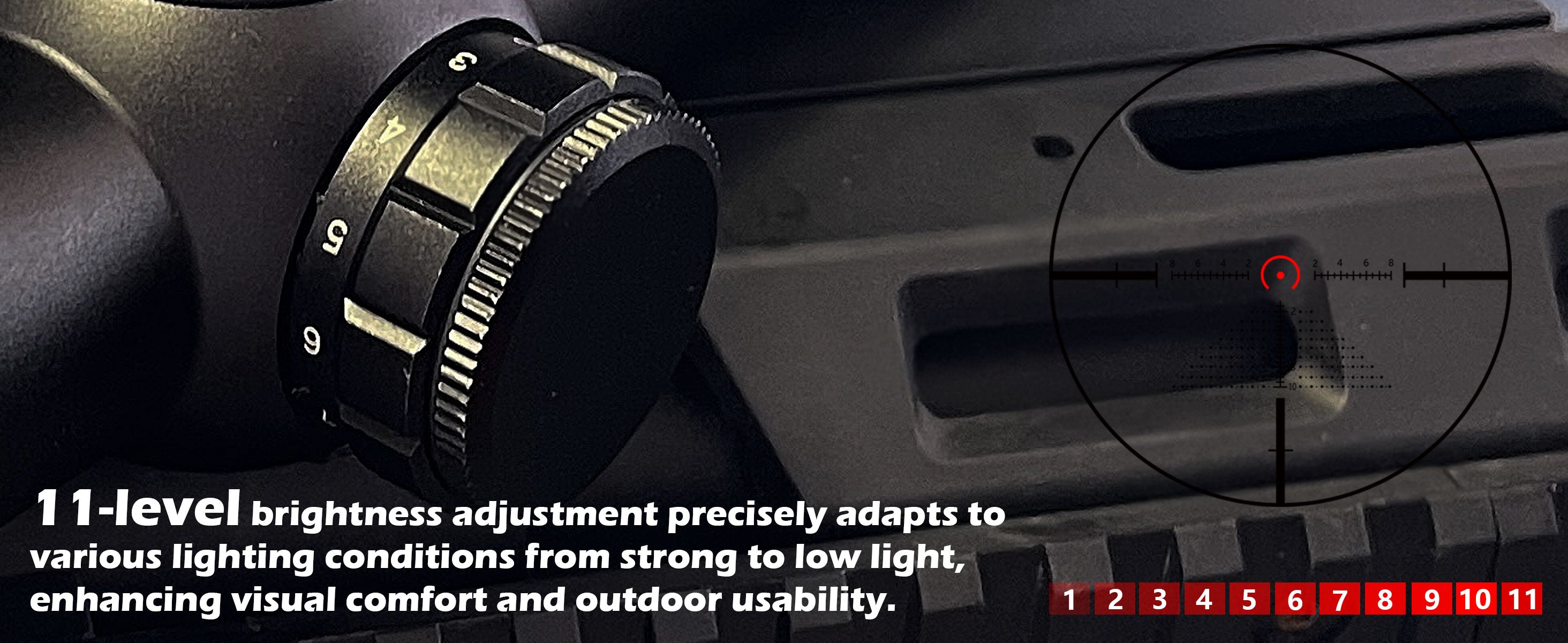 Close-up of the UUQ Aspire ED 1-6x24IR scope's 11-level brightness adjustment, featuring the brightness adjustment knob and scope view, adapting to various lighting conditions from strong to low light, enhancing visual comfort and outdoor usability.