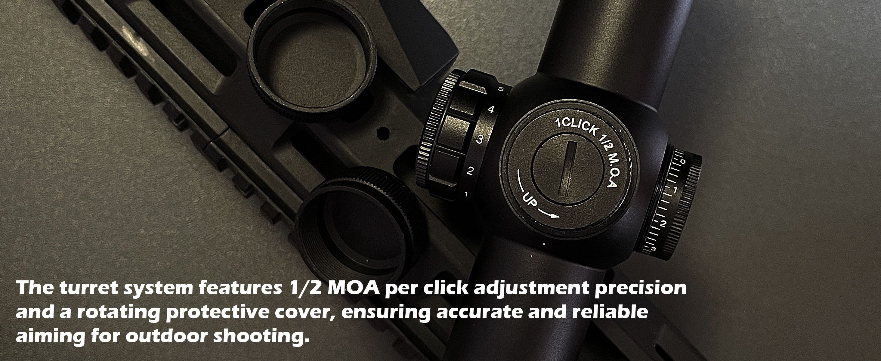 Close-up of the UUQ Aspire ED 1-6x24IR scope's precise adjustment, featuring 1/2 MOA per click adjustment precision and a rotating protective cover, ensuring accurate and reliable aiming for outdoor shooting.