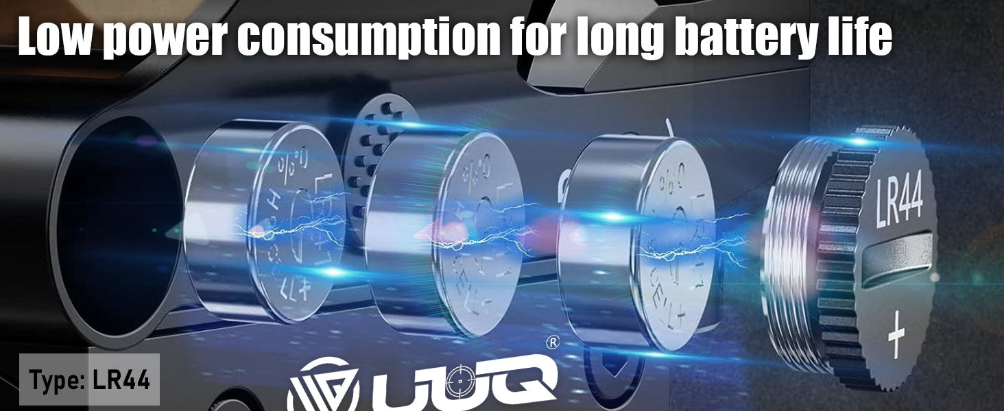 UUQ HD119A 1x28x40mm red dot sight demonstrating low power consumption and long battery life, using LR44 batteries.