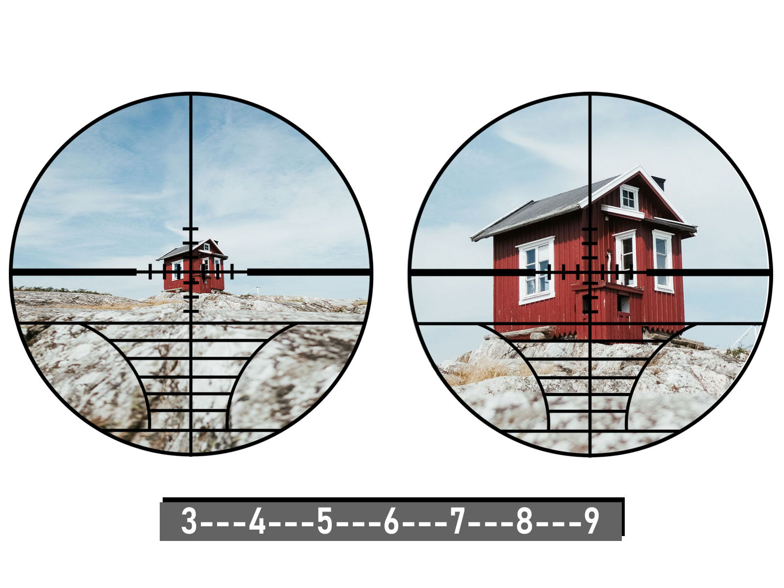 3-9X magnification and rangefinder reticle, adaptable to varied distances, 3X for wide field of view, 9X for long-range precision, ideal for hunting and shooting.