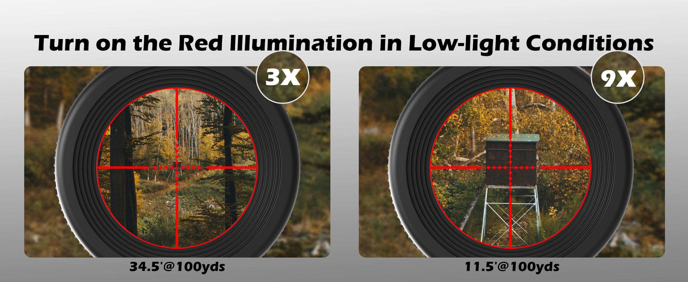 UUQ 3-9x40 rifle scope demonstrating 3x and 9x magnification effect with red illumination in low-light conditions, showing field of view at 100 yards as 34.5 feet and 11.5 feet respectively.
