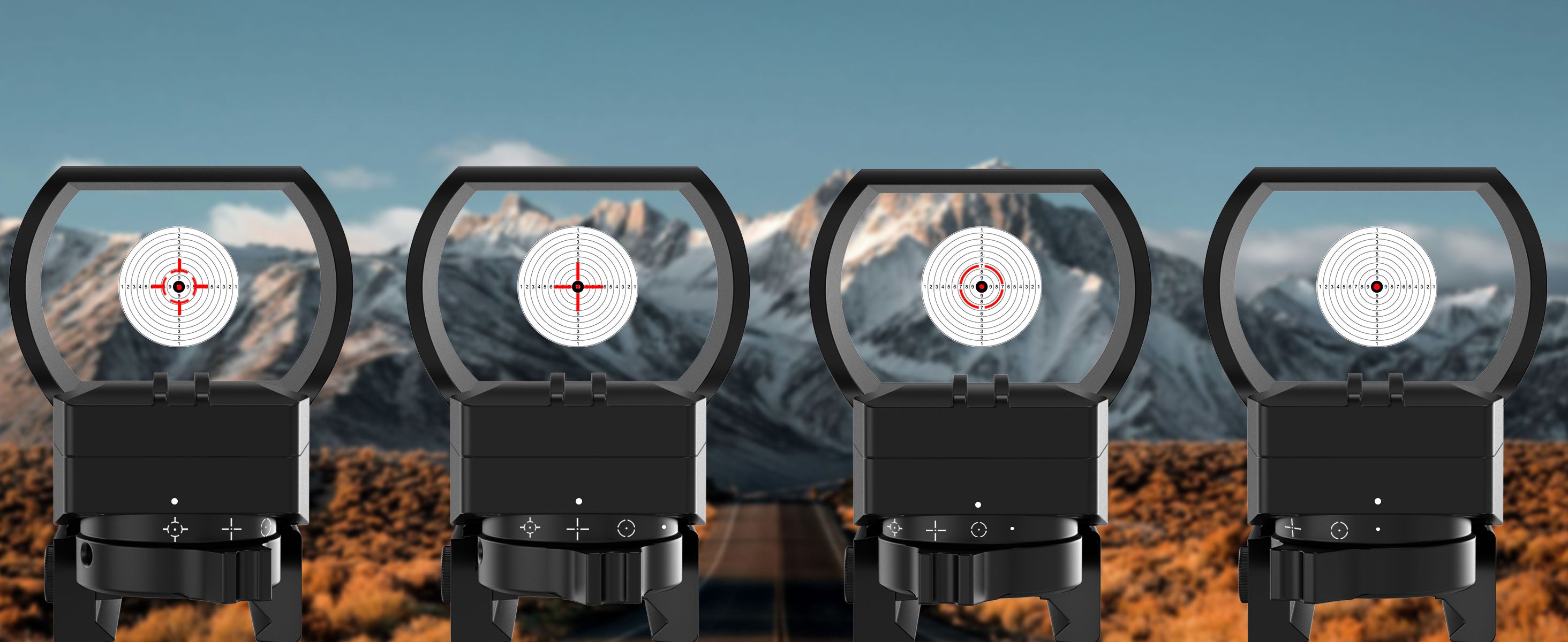 UUQ HD119A rechargeable red dot sight displaying four different reticle styles.