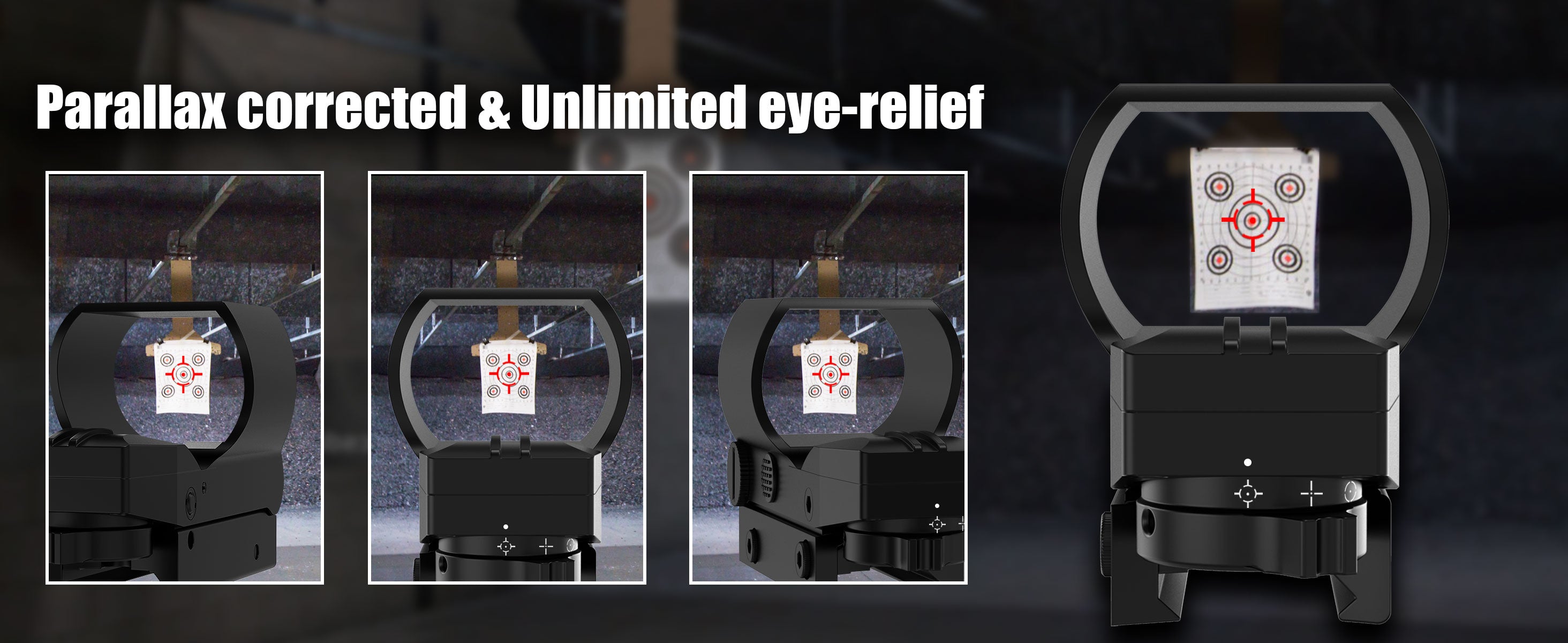 UUQ HD119A 1x28x40mm red dot sight demonstrating parallax correction and unlimited eye relief, suitable for various shooting distances and angles.