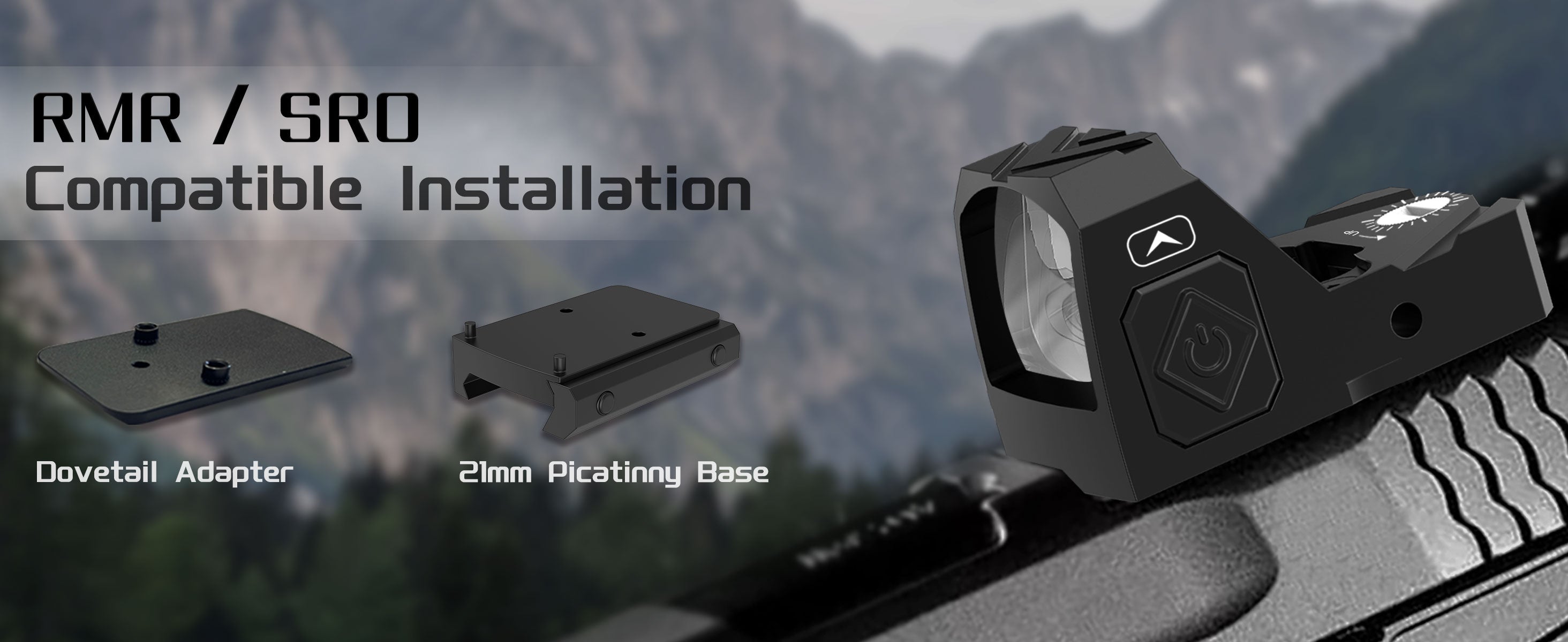 UUQ SA1623 Mini Shake Awake Red Dot Sight compatible with RMR and SRO, featuring a 21mm Picatinny base and a dovetail adapter, shown mounted on a pistol.