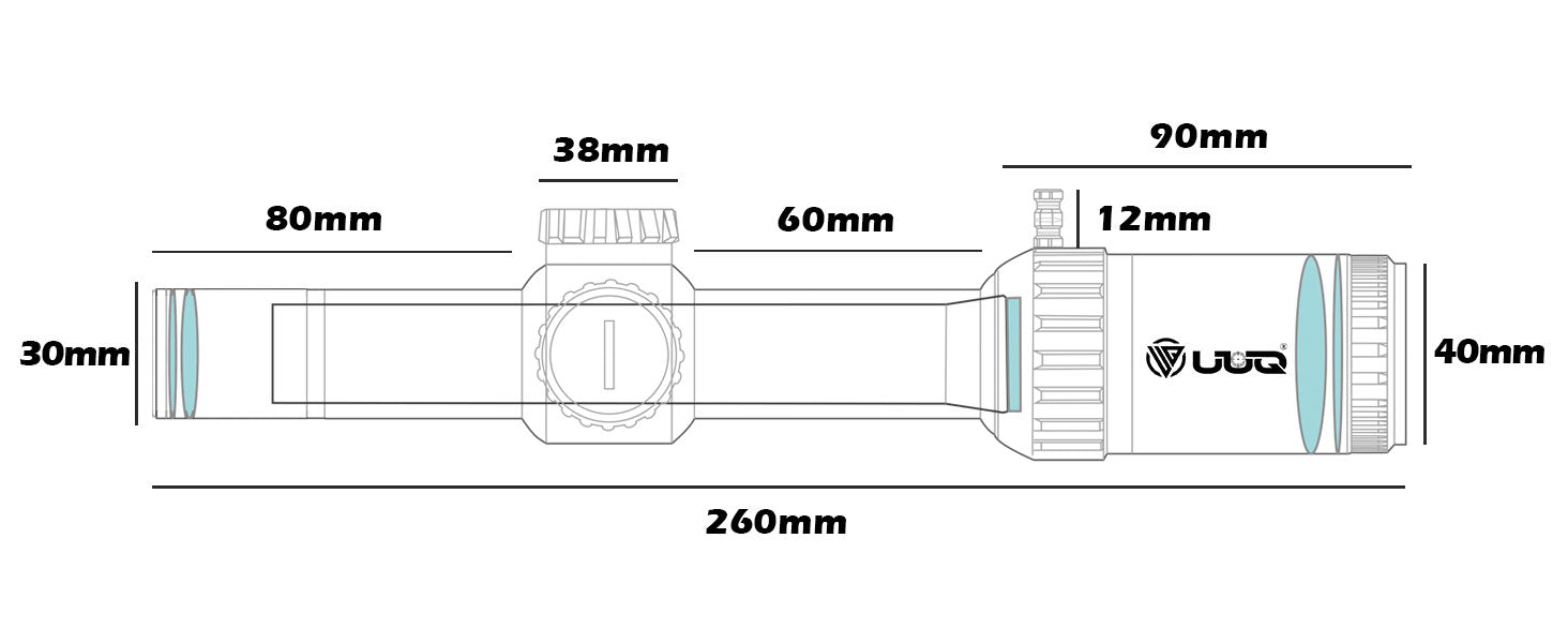 Dimensions diagram of the UUQ Aspire ED 1-6x24IR scope, showing specific lengths and diameters of each part, including an overall length of 260mm and tube diameter of 30mm.