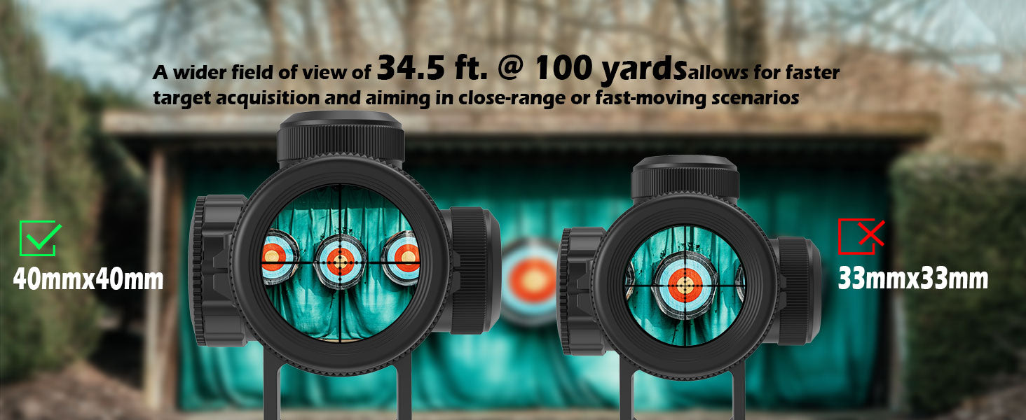UUQ 3-9x40 rifle scope showcasing a wider field of view of 34.5 ft. at 100 yards, with a 40mmx40mm lens being more suitable for faster target acquisition and aiming in close-range or fast-moving scenarios compared to a 33mmx33mm lens.