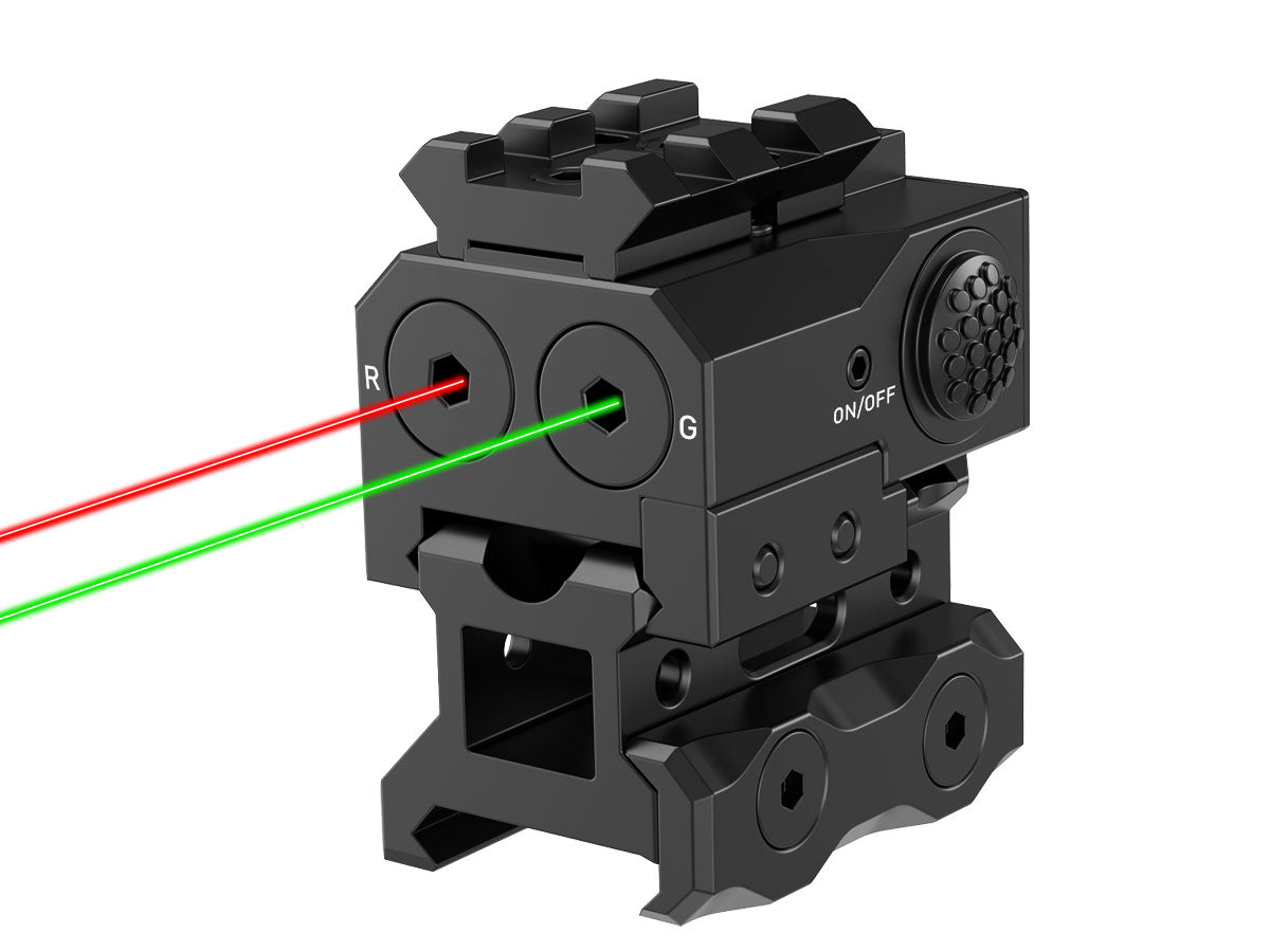 Display showing the UUQ red and green laser sight, featuring red and green lasers, output power less than 5 mw, Class IIIA, wavelength 625-660nm, and weight 28.6g.