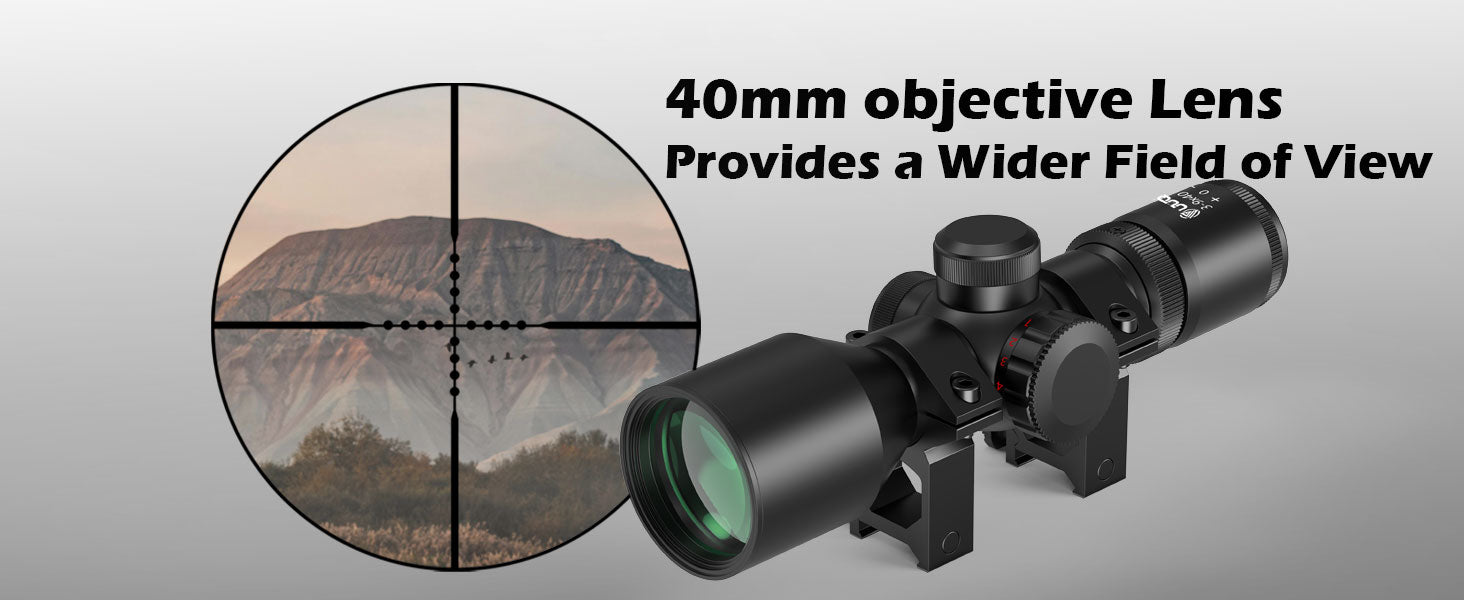 UUQ 3-9x40 rifle scope with 40mm objective lens, providing a wider field of view. The image shows the scope's view and clarity.
