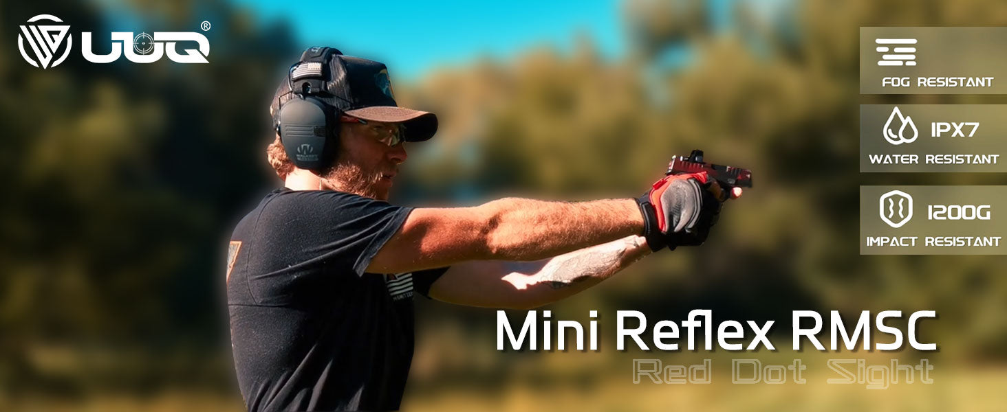 Showcasing UUQ Mini Reflex RMS/RMSc Red Dot Sight in outdoor use, featuring fog resistance, IPX7 water resistance, and 1200G impact resistance.
