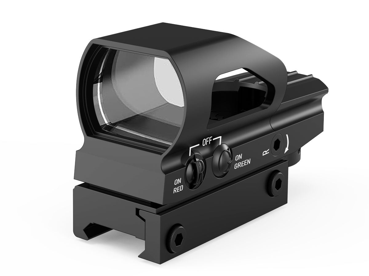 Display showing the UUQ Red Dot Sight, featuring 25 mm objective aperture, red and green dot colors, 9 levels of brightness control, reticle patterns including star, cross, bullseye, and dot, with 1X magnification.