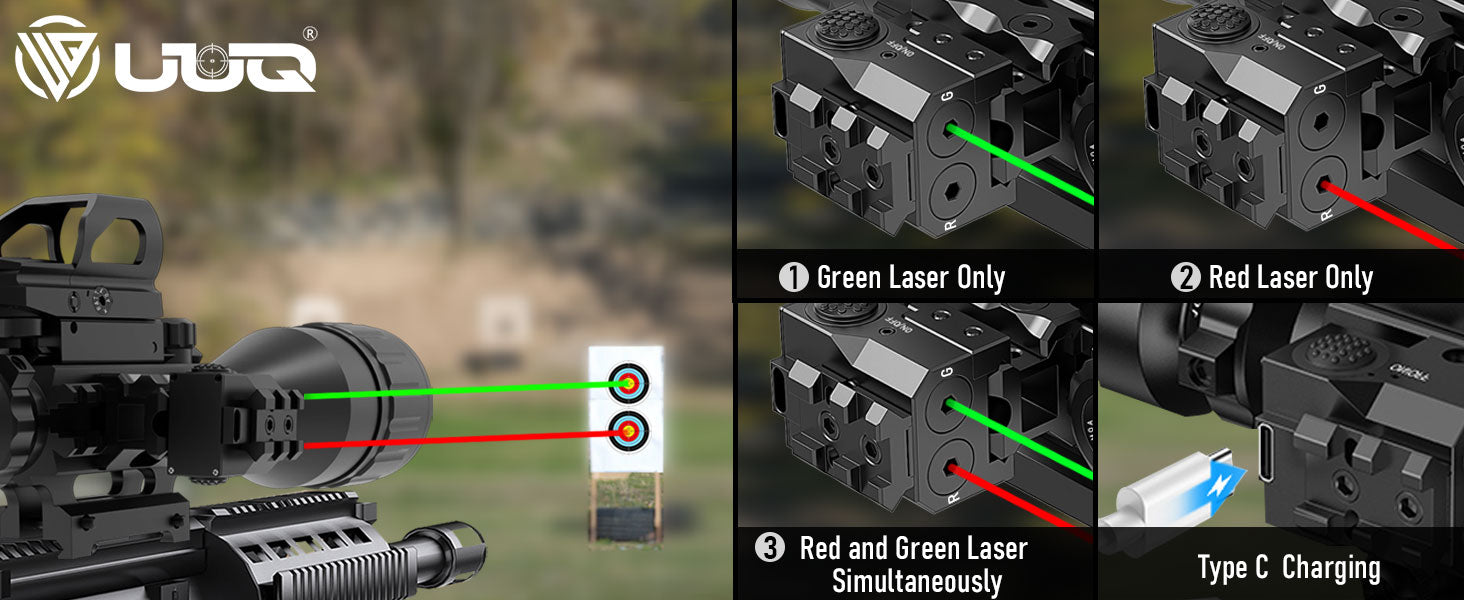 Display showing the red and green laser functionality of the UUQ 4-16X50 AO 4 in 1 Combo Scope, including green laser only, red laser only, red and green laser simultaneously, and Type C charging port.