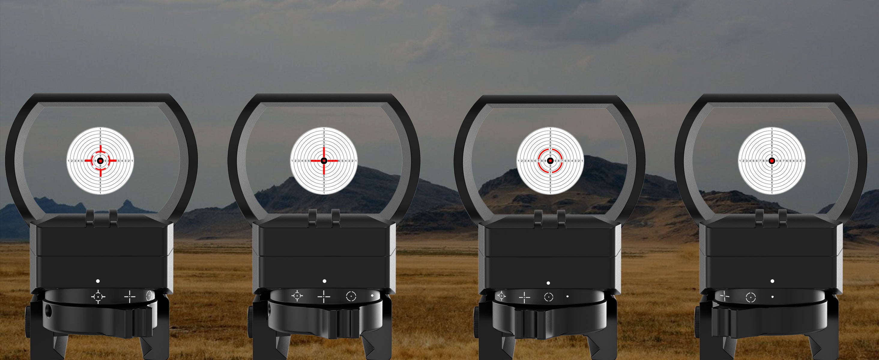 UUQ HD119A 1x28x40mm red dot sight displaying four different reticles, suitable for various shooting needs.