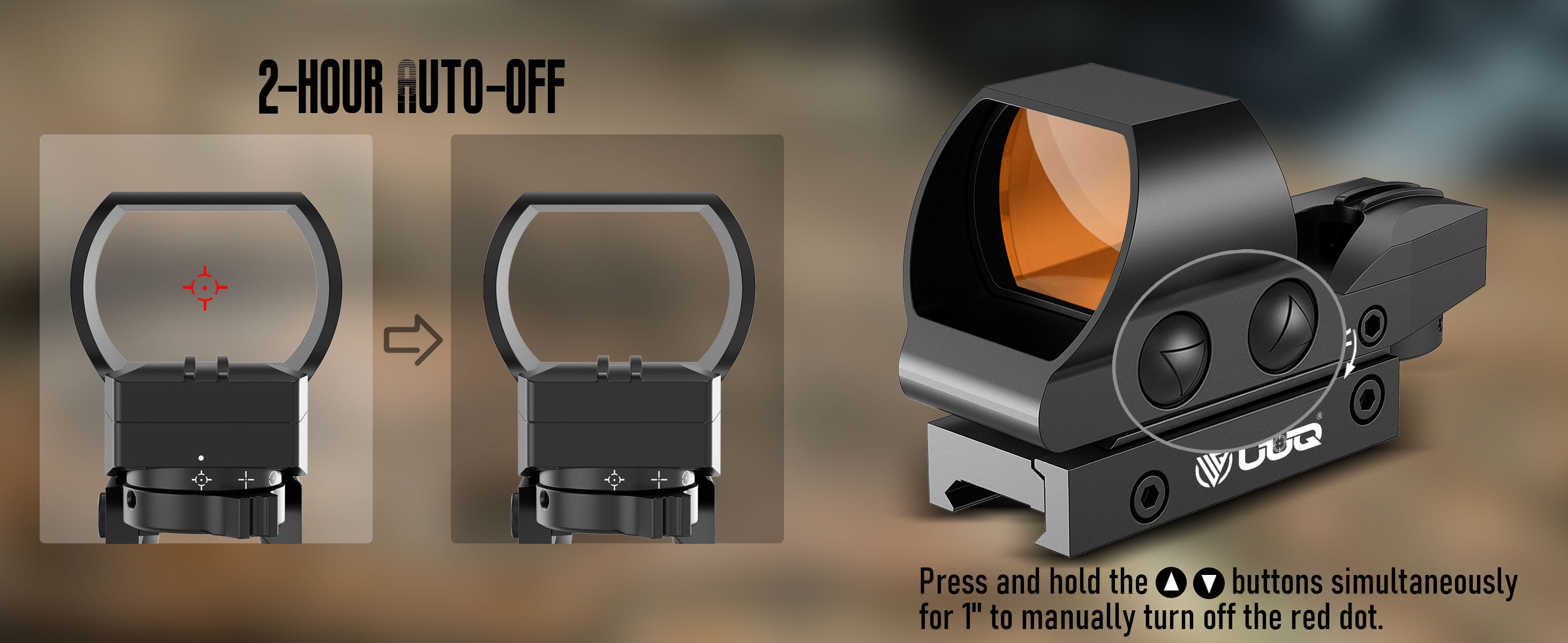 UUQ HD119A rechargeable red dot sight power off display, including 2-hour auto-off feature and manual power off method.