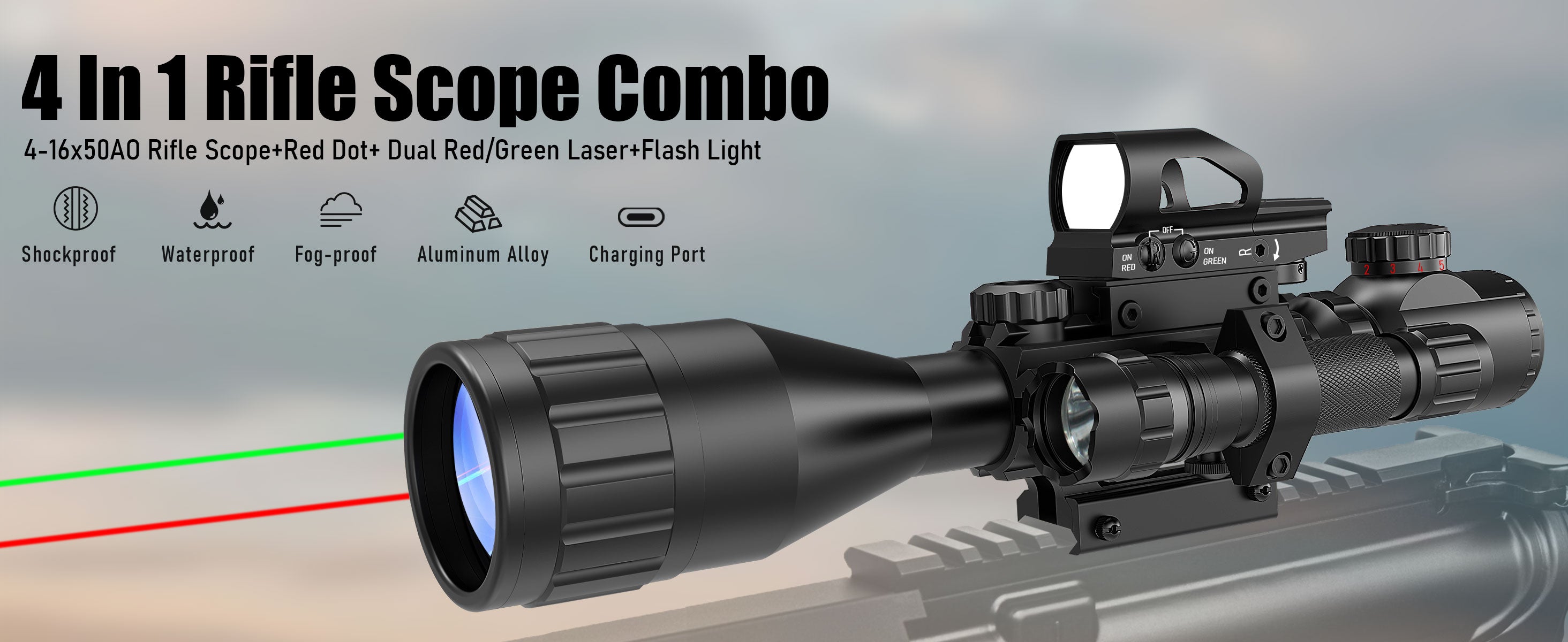 Display showing the UUQ 4-16X50 AO 4 in 1 Rifle Scope Combo, including red dot sight, dual red/green laser, and flashlight, featuring shockproof, waterproof, fog-proof, and aluminum alloy characteristics.