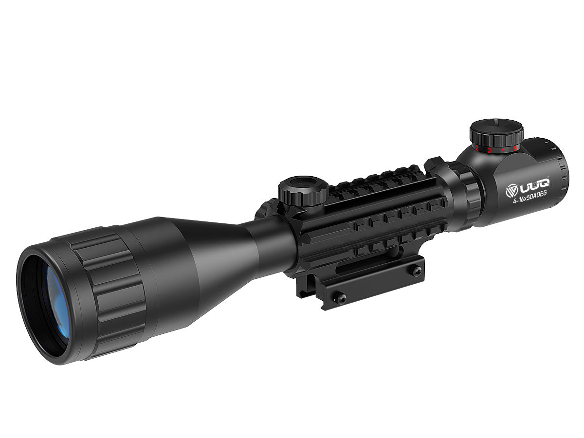 Display showing the UUQ 4-16X50 AO Range Finder Scope, featuring 4-16X magnification, 50mm objective lens, 29-14 ft@100 yard field of view, 1/4 MOA windage and elevation adjustment, and 3-3.5 inch eye relief.