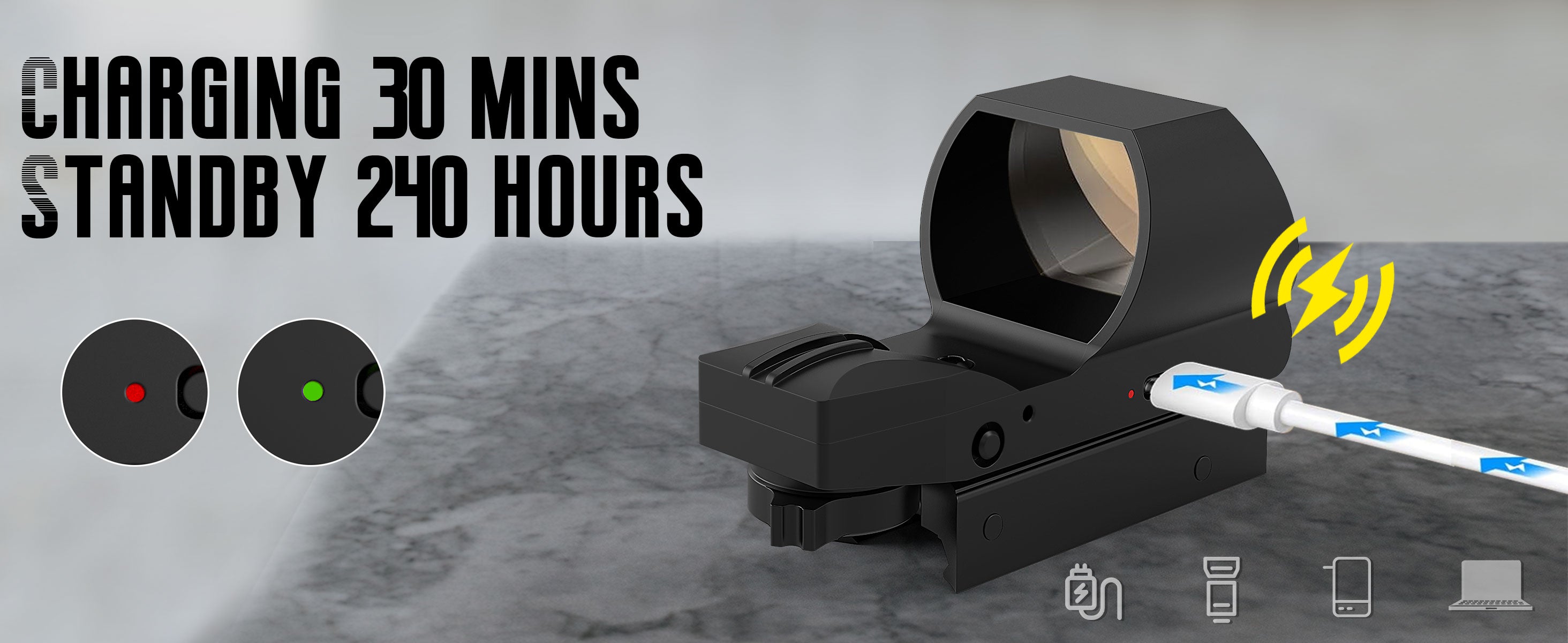 UUQ HD119A rechargeable red dot sight charging display, showing 30 minutes charging time and 240 hours standby.