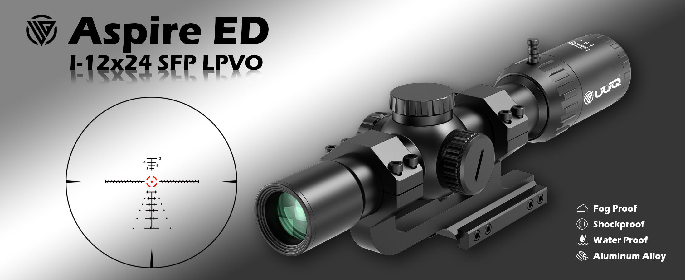 UUQ Aspire ED 1-12x24 SFP LPVO scope, showcasing the design, magnification, reticle, and features such as fog proof, shockproof, waterproof, and aluminum alloy construction.