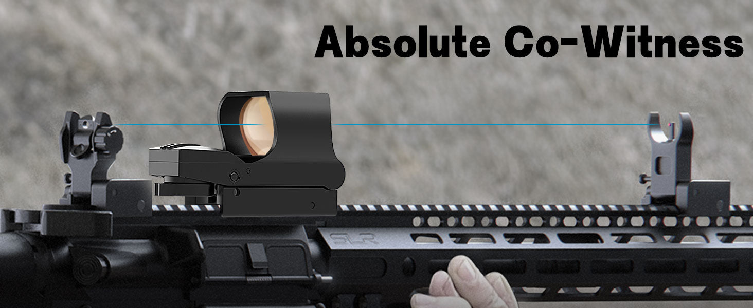 UUQ HD119A 1x28x40mm red dot sight mounted on a rifle, demonstrating absolute co-witness functionality, ensuring the sight and iron sights are at the same height.
