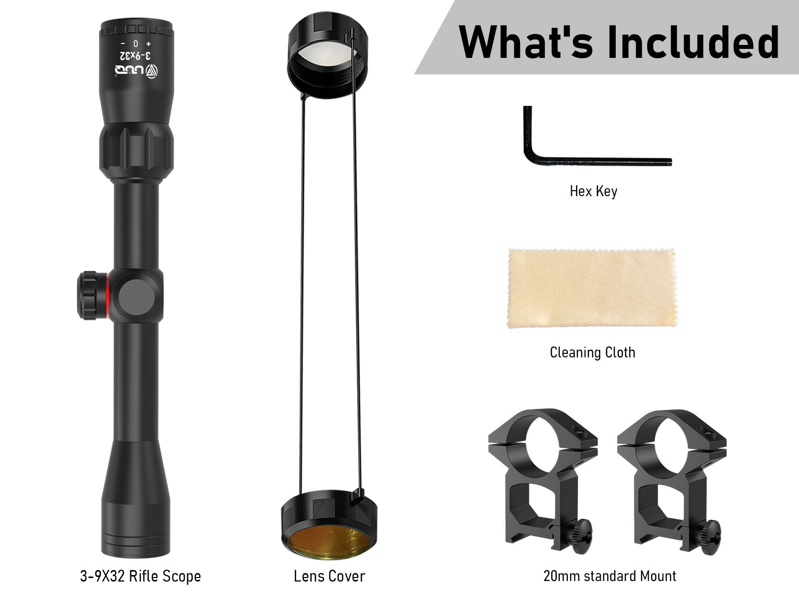 UUQ 3-9x32mm rifle scope package contents, including the scope, lens cover, hex key, cleaning cloth, and 20mm standard mounts.
