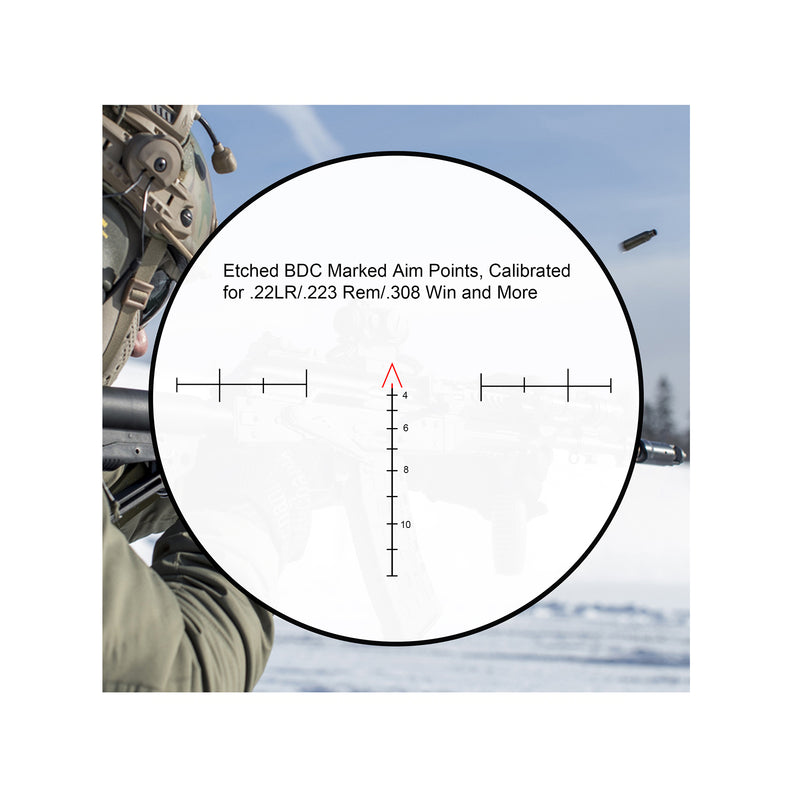 Load image into Gallery viewer, UUQ Ranger-ER 3x32 Tactical Prism Scope featuring an etched BDC reticle calibrated for 22LR, 223 Rem and 308 Win.